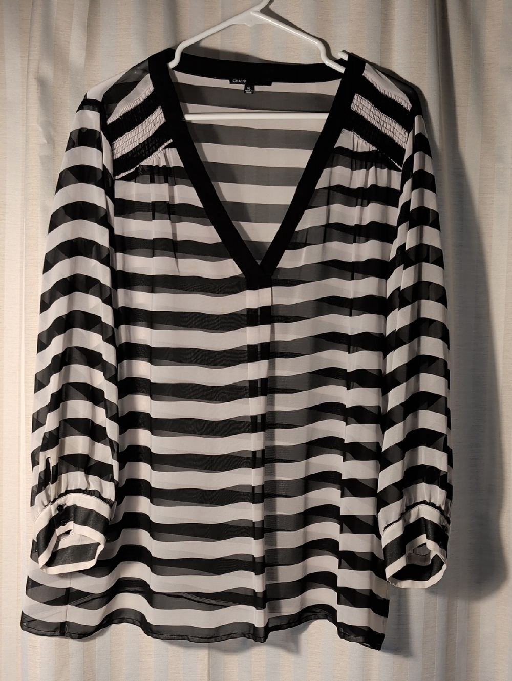 Chaus Black & White Sheer Striped V-Neck Blouse